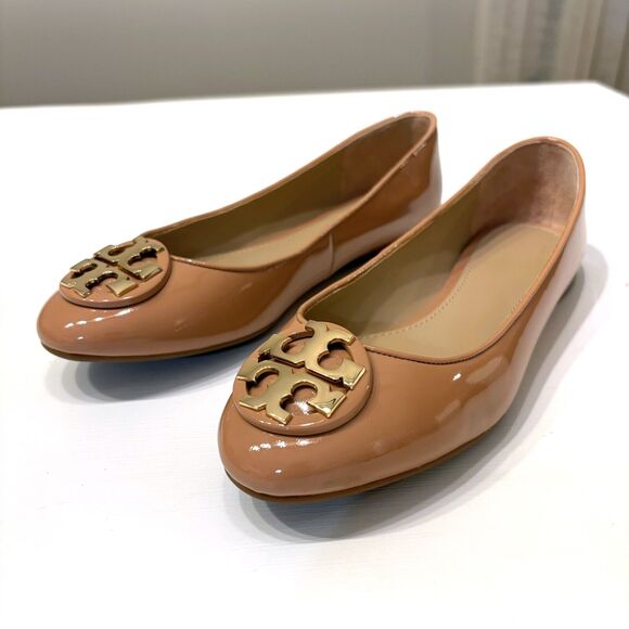 Tory Burch Royal Tan Nude Claire Ballet Tumbled Patent Leather Flats US Size 6.5 - Picture 2 of 8